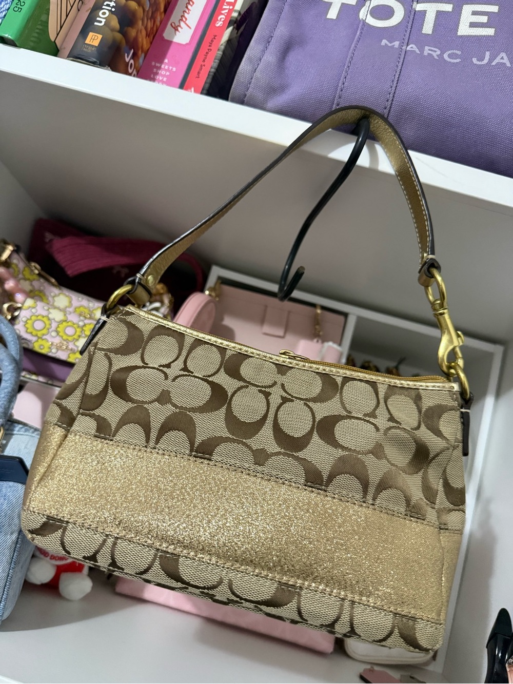 Coach Brown Signature Canvas Shoulder Bag with Gold Glitter Band